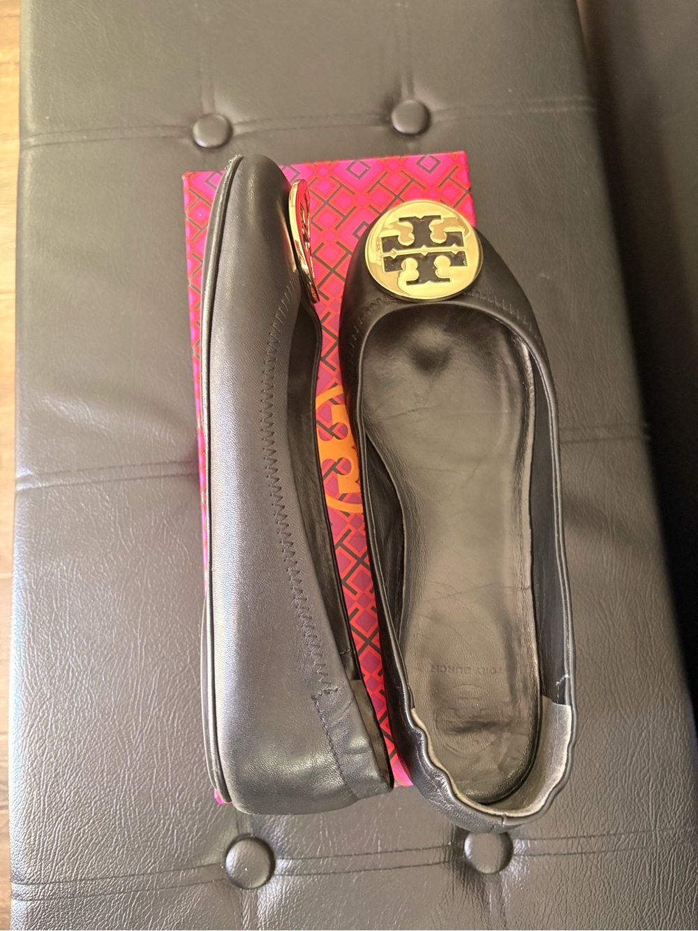 Tory Burch Black Leather Flats with Gold Logo Medallions - Picture 4 of 10